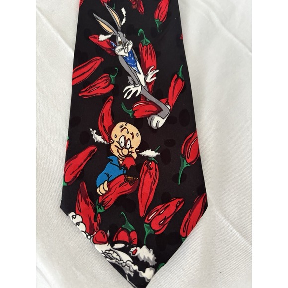 LOONEY TUNES MANIA - Vtg 90s Hot Chili Pepper Bugs Bunny Taz Black Neck Tie - Picture 2 of 5